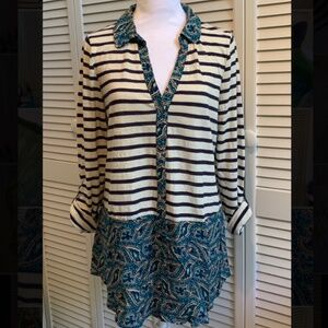 Anthropologie 9-H15 StCL Navy/Ivory Striped Tunic with Paisley Trim size M
